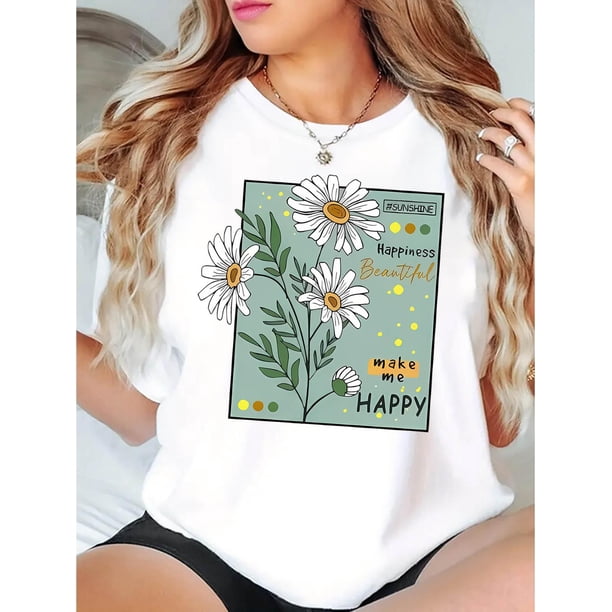 1pc Floral Print Polyester T-Shirt for Women, Casual Crew Neck Short Sleeve Top with Daisy Graphic, Comfortable All-Season Knit Fabric Tee