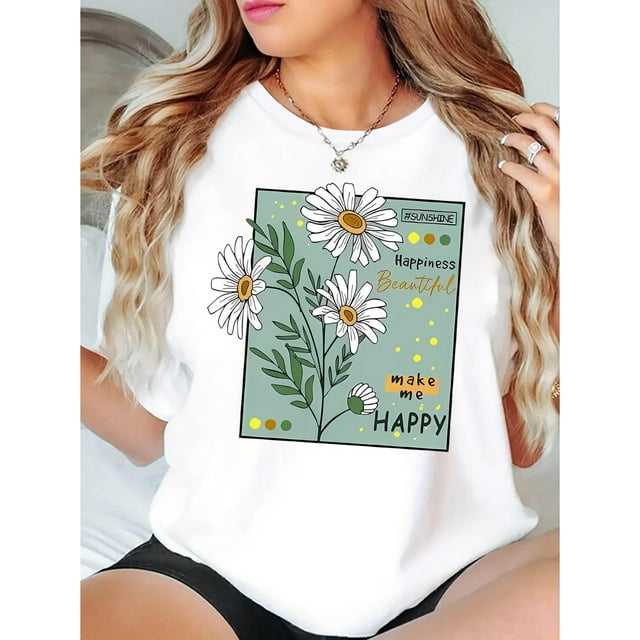 Camiseta para mujer verano cuello redondo1pc Floral Print Polyester T-Shirt for Women, Casual Crew Neck Short Sleeve Top with Daisy Graphic, Comfortable All-Season Knit Fabric TeeFather's Day, Mothe
