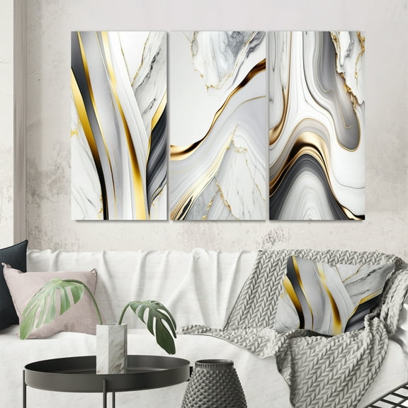 Designart "Grey-Toned Geode Waves II" Abstract Wall Art Set Of 3 - Modern Grey Canvas Set For Living Room Decor