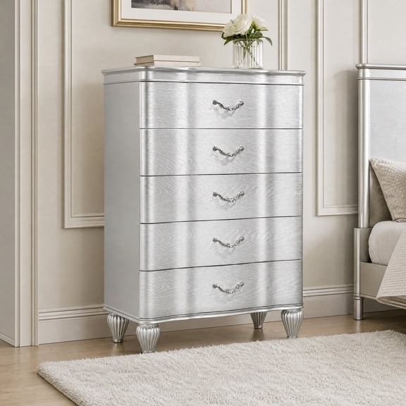 Traditional 5-Drawer Chest Silver Wood Dresser with Metal Pulls Tall Storage Chest for Bedroom, 50.75" H
