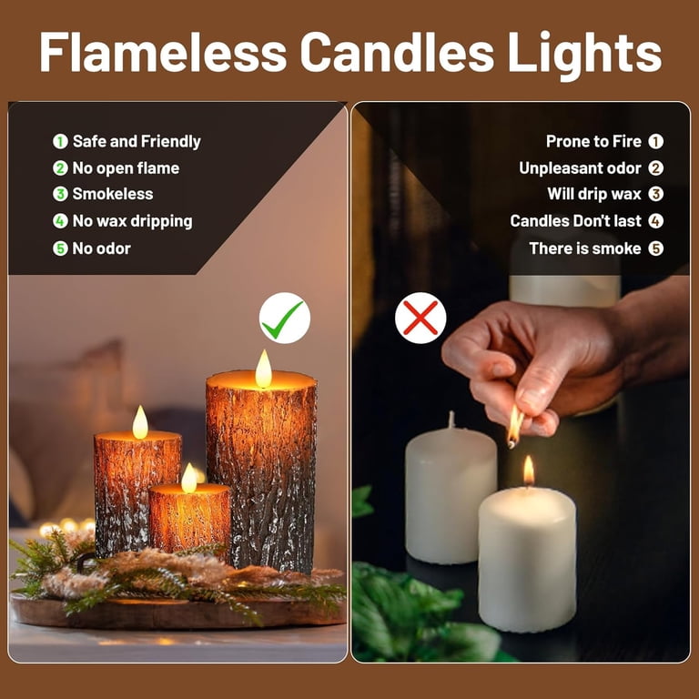 TMIYO Flameless LED Candles Set Of 3 - Birch Bark Effect, Flickering Flame, Remote & Timer, Battery Operated