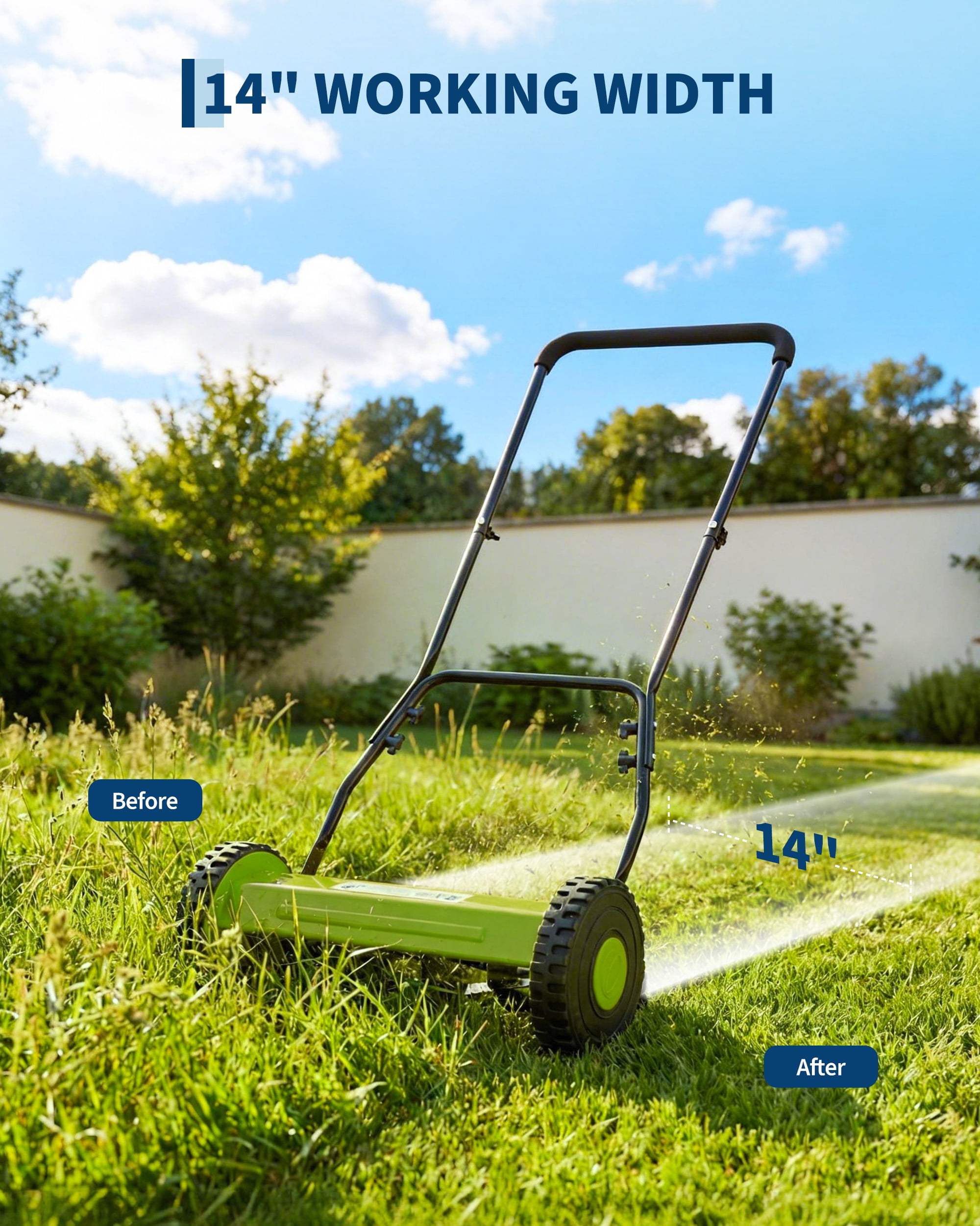 14" Push Reel Lawn Mower, 5-Blade Manual Walk-Behind Lawn Mower with Adjustable Cutting Height, Compact Push Mower for Small Yards, Green