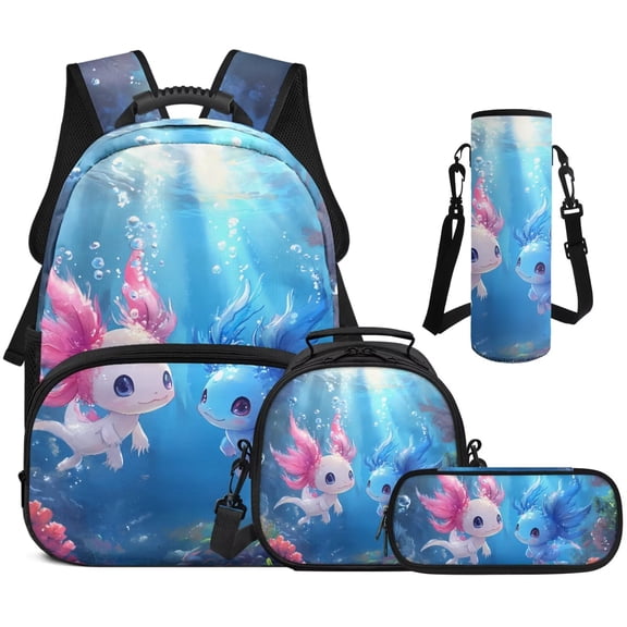 Pzuqiu Underwater Axolotl Kids Backpack 17 Inch School Backpack for Girls 4 piece Backpacks with Lunch Box Pencil Bag Water Bottle Holder Lightweight Bookbag for Middle School