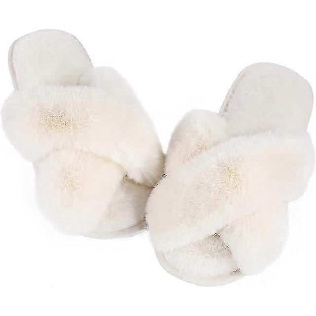 Women Slippers Fluffy Slippers Memory Foam, Cross Band Furry Open Toe Slippers Cozy Plush Home Shoes Indoor Outdoor Anti-Slide Slipper