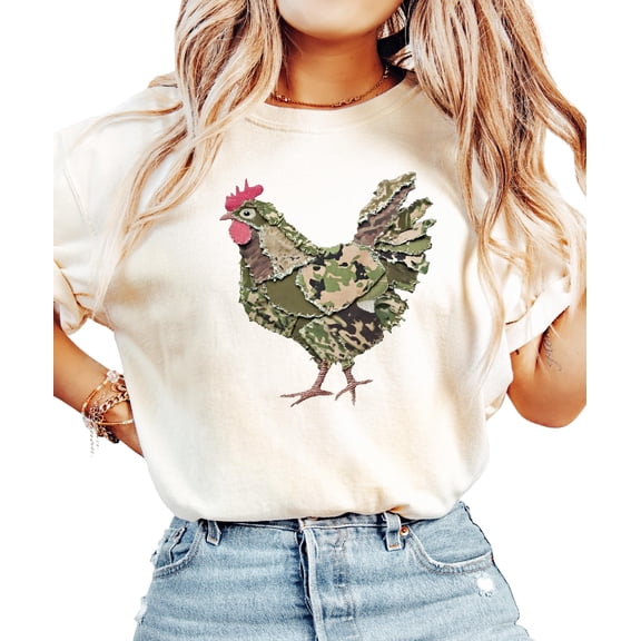 Ink Printed Camo Rooster Shirt for Women Farm Wife Graphic Tee Country Homestead Gift Ivory Shirt Adult Large