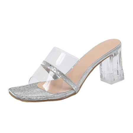 

WANYNG Fashion Spring And Summer Women Sandals Rhinestone Transparent Strap High Heels Crystal Heel Thick Heel Women Toe Ring Sandals Crystal Wide Width Women s Sandals