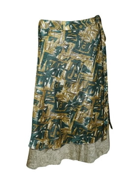 Mogul Women Beige,Beige Wrap Skirt 2 Layer Printed Vintage Sari Reversible Beach Wear Cover Up Wrap Around Skirts