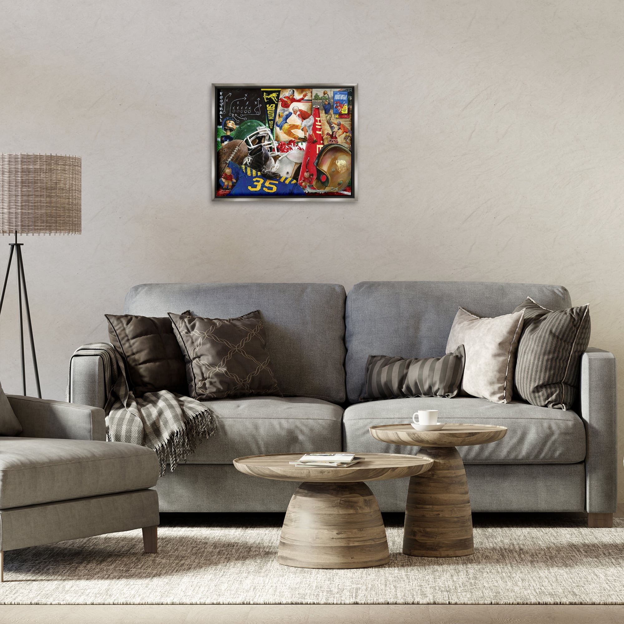 Stupell Industries Football Sports Collage Sports Painting Gray Floater Framed Art Print Wall Art, 21 x 17