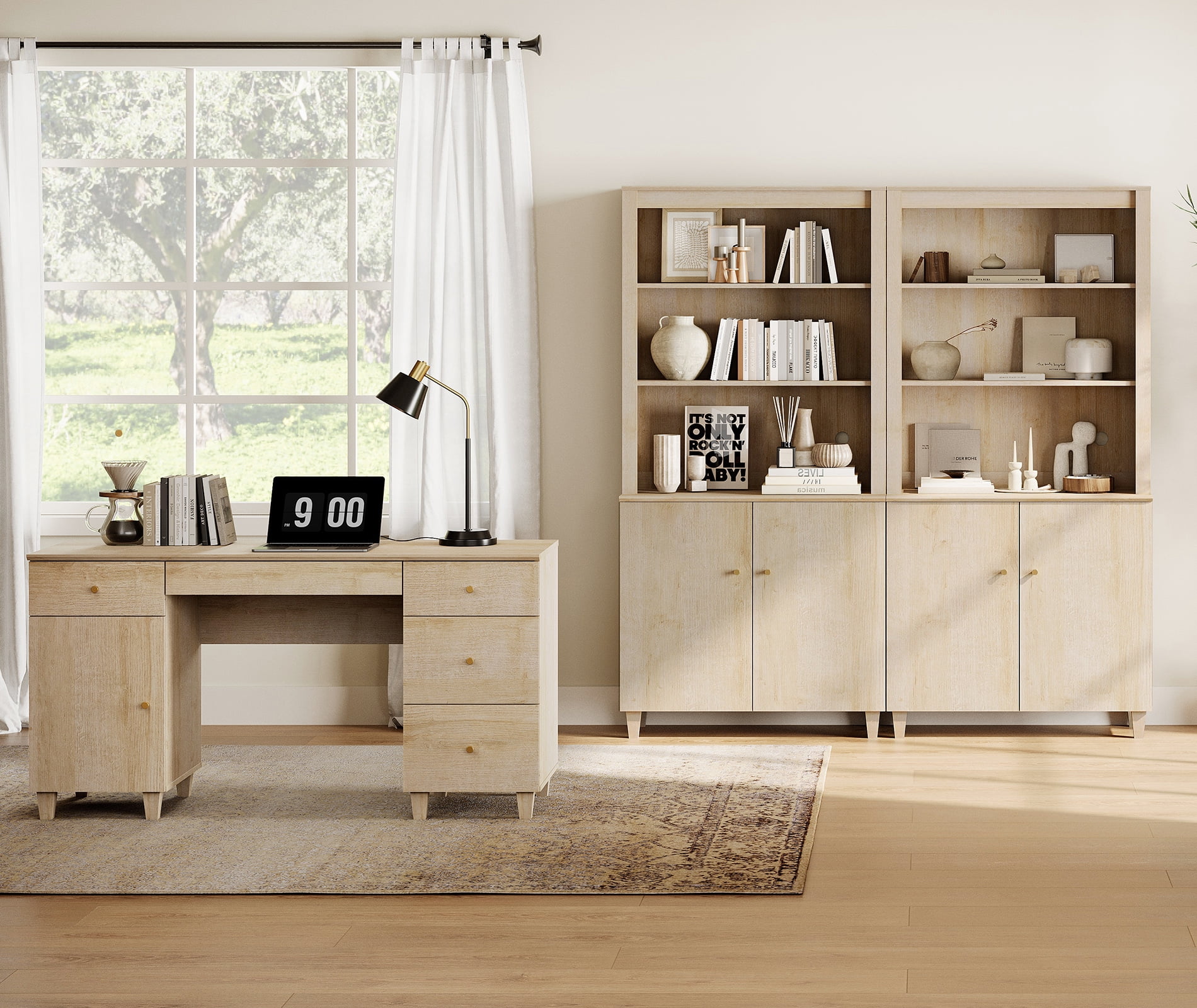 WAMPAT Home Office Furniture Set, 58" Executive Desk with Charging Station and Cabinet, 2-Column 71" Tall Bookcase with Doors and Adjustable Shelves for Living Room,Natural Oak