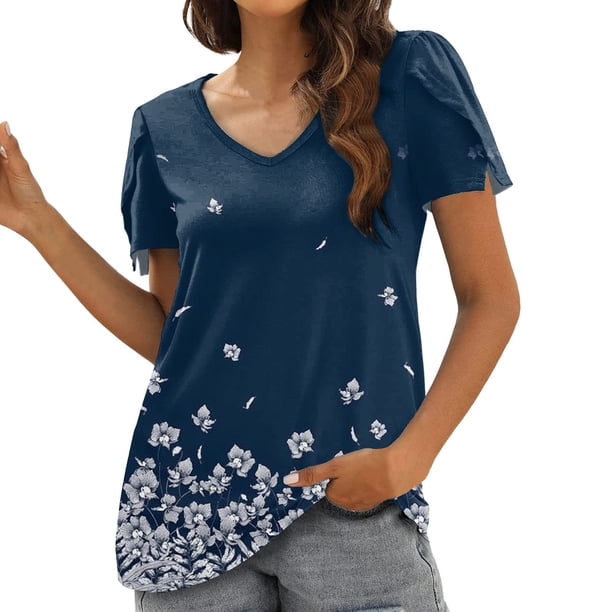 Camiseta de verano para mujer, colección con estampado de cuello en V, manga corta, blusas, camisetas Pompotops hkajfhjk467973