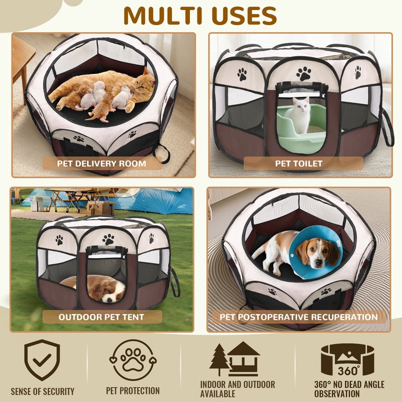Foldable Octagon Pet Playpen Tent, Oxford Cloth Scratch-Resistant, For Cats & Dogs, 360° Ventilation, Brown，L
