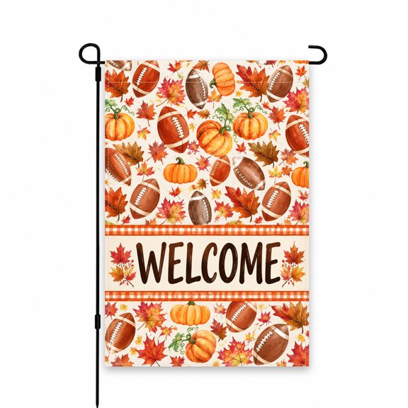 Welcome Fall Garden Flag With Pumpkins, Footballs, Autumn Leaves Design, 12 x 18 Inch Outdoor Yard, Patio, Porch Decor For Seasonal Display