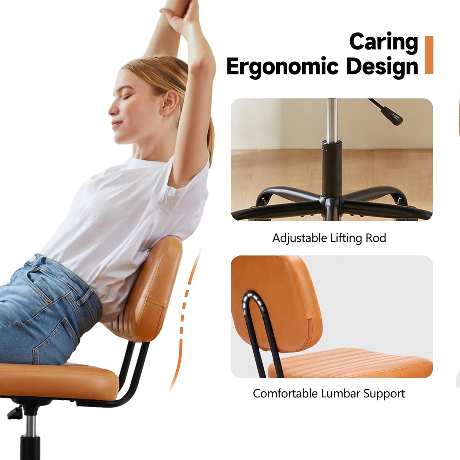 ENYLAY Small Armless Home Office Desk Chair, Ergonomic Cute Chair PU Leather with Adjustable Swivel Rolling Comfy Task Study Chair with Lumbar Support for Adult and Student, Bedroom (Brown)