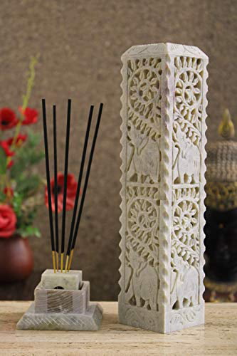 Incense Burner for Wedding Gifts Hand Carved Marble Carved Multi Colored Soapstone Incense Tower Floral Design Table Top Decor,