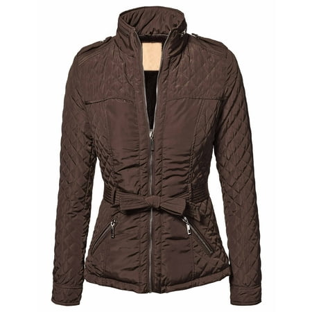 Belted Mid Length Coat WJC787 Womens Quilted Faux Fur Trimmed Belted Shoulder Knot Plated Jacket S Coffee ()