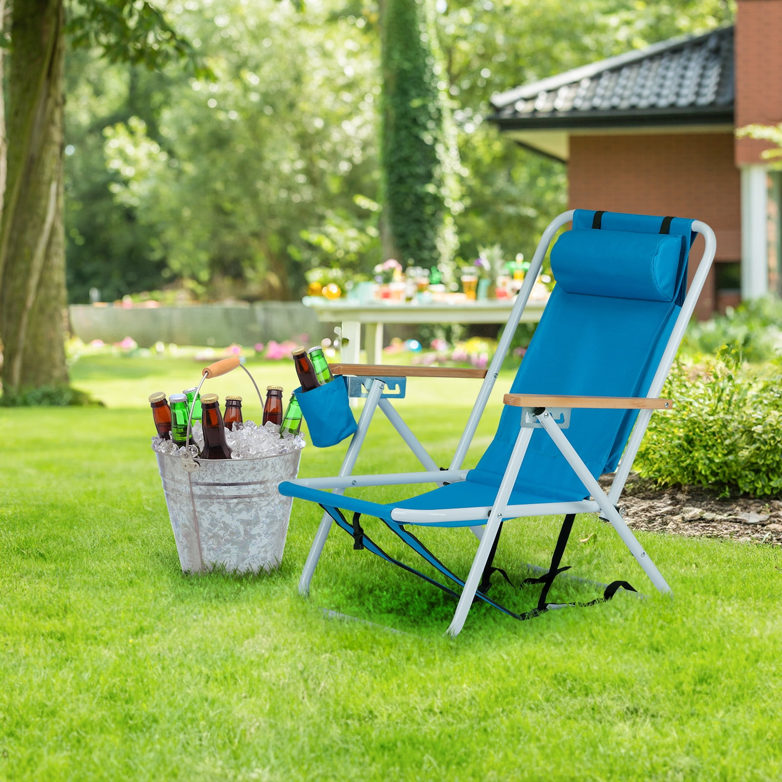 Portable High Strength Beach Chair with Adjustable Headrest, Blue