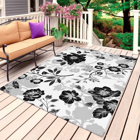 Vintage Flowers Outdoor Rug 4x6 Ft, Non Slip Washable Area Rug, Black White Farmhouse Floral Plants Patio Rugs Carpet Runner, Large Floor Mat for Indoor/Outdoor Deck Porch Camping