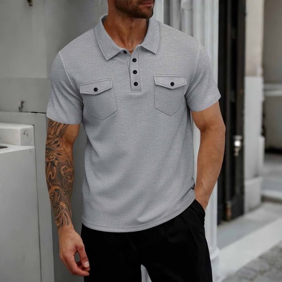 DayScoop Men's T-Shirts Solid Color Short Sleeve T Shirt Casual Turndown Collar Button Big & Tall Summer Fashion Cardigan Pocket Tops