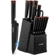 FOHERE 13 Pieces Knife Set with Block, Stainless Steel Knive Sets for Kitchen with Built-in Sharpener Sharp Granite Kitchen Knife Block Set with Anti-slip Handle Rust Resistant, Black