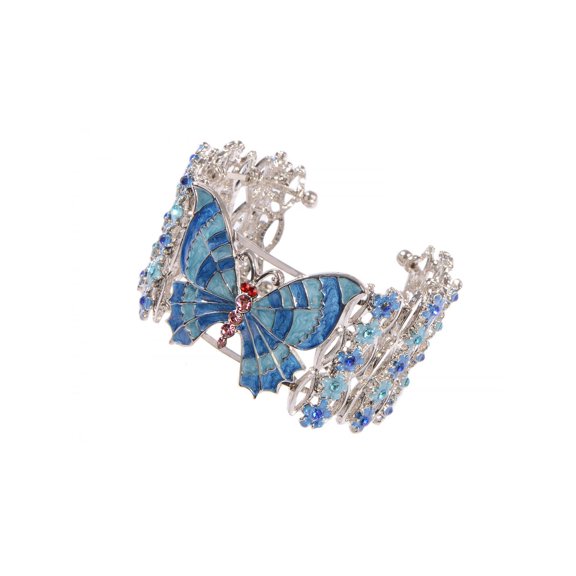 Cute Pearlescent Blue Enamel Painted Butterfly Crystal Rhinestone Bracelet Cuff