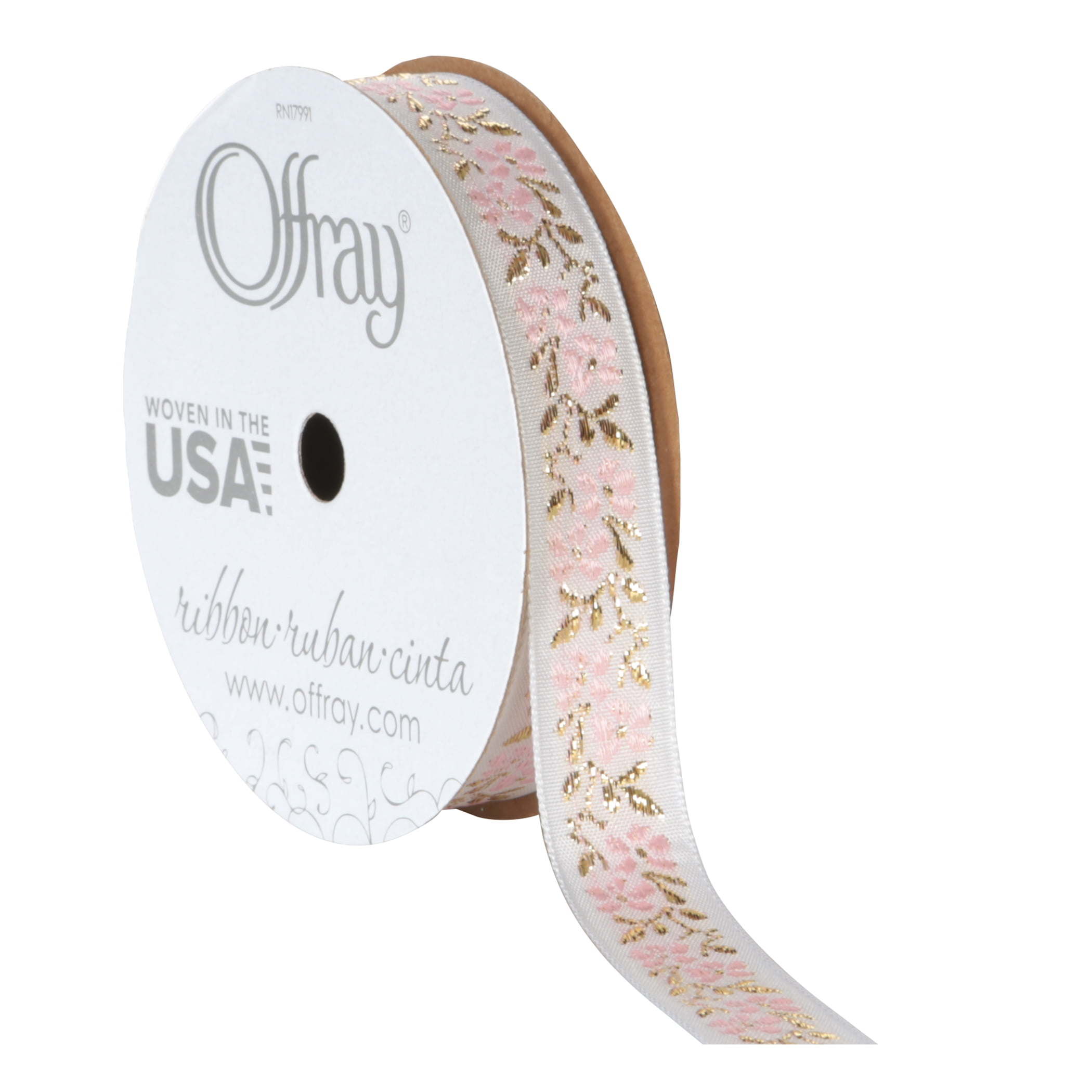 Offray Ribbon, White 5/8 inch Floral Jacquard Ribbon for