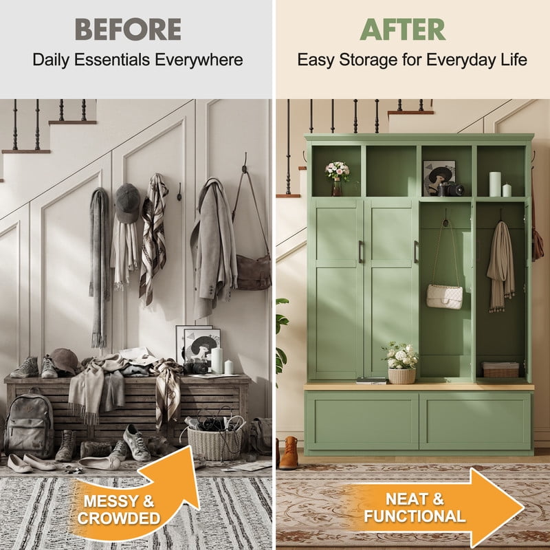 Modern Farmhouse Hall Tree with Bench and Storage Cabinets, Entryway Coat Rack with 6 Hooks, 4 Hidden Cabinets, Drawers and Open Shelves, Mudroom Organizer for Hallway, Living Room