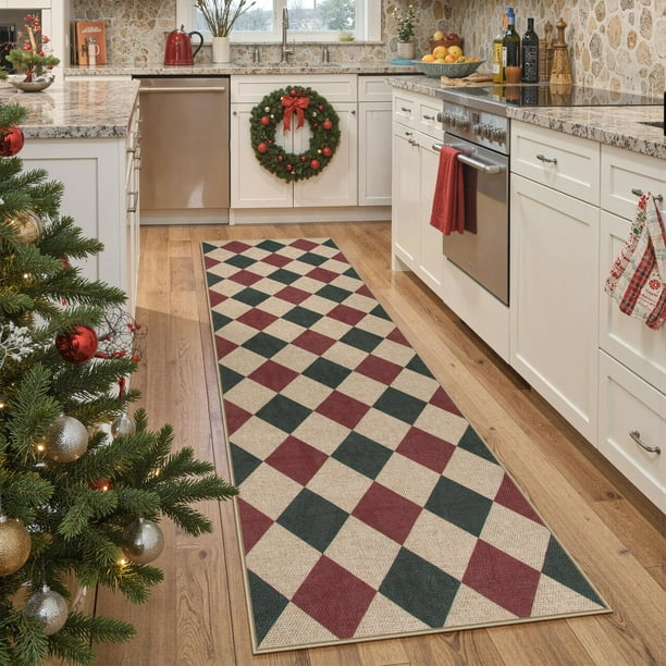 Alfombra Lahome Christmas a cuadros, 76 x 244 cm, antideslizante