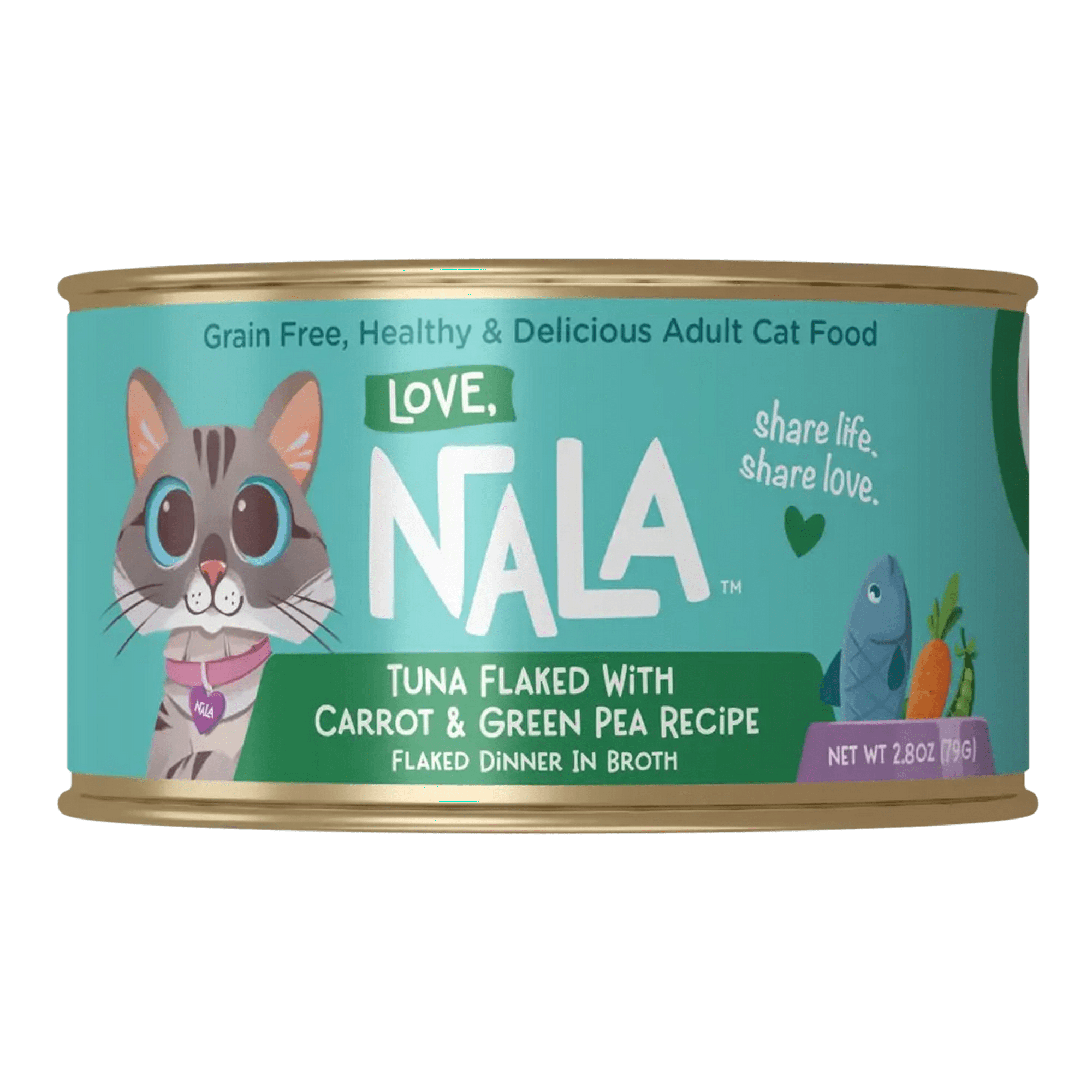 LOVE, NALA - Natural Adult Cat Wet Food - FLAKED Tuna with Carrot & Green Pea in Broth - Grain Free, Non-GMO, Lean Protein, Digestive Fiber Blend, Added Minerals & Vitamins - 2.8 oz Can