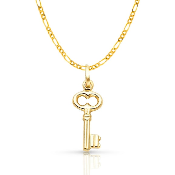 14K Yellow Gold Plain Key Charm Pendant with 2mm Figaro 3 1 Chain Necklace