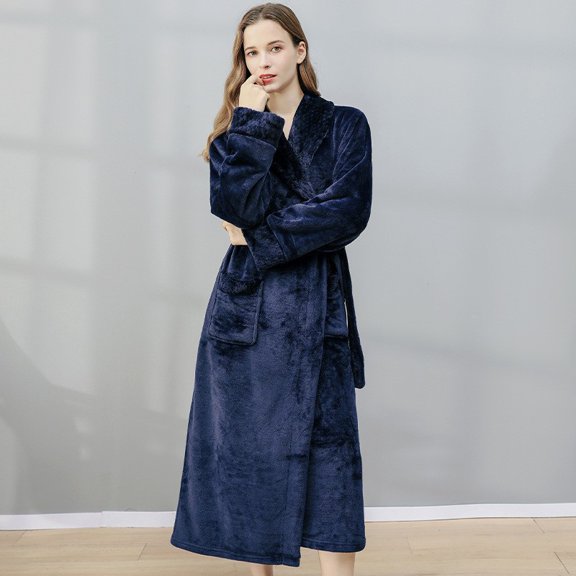 2022 warm pajamas for women Women's Nightgown Fall/winter Long Coral Fleece Plus Velvet Padded Bathrobe Flannel Pajamas Winter Home Clothes Navy Blue L