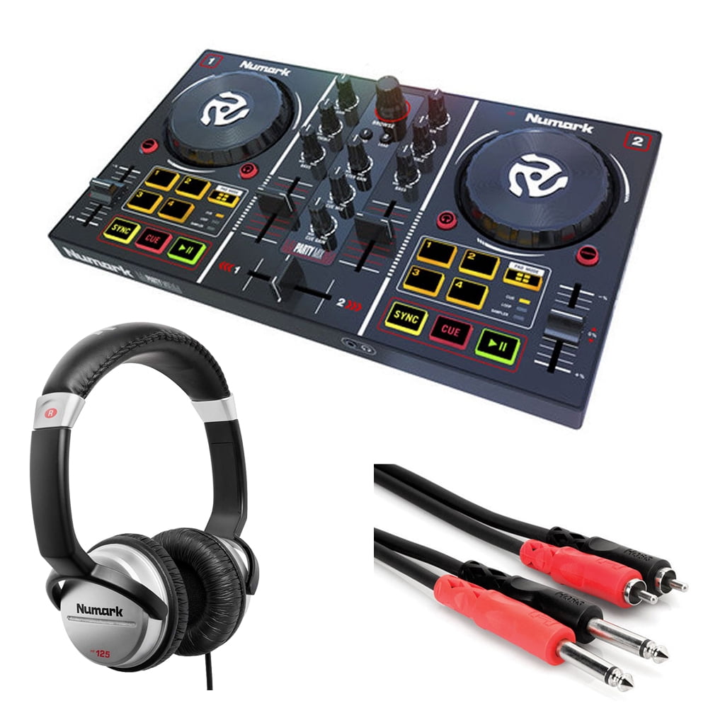 Numark Party Mix DJ Controller with Samson SR350 Headphones + Hosa RCA