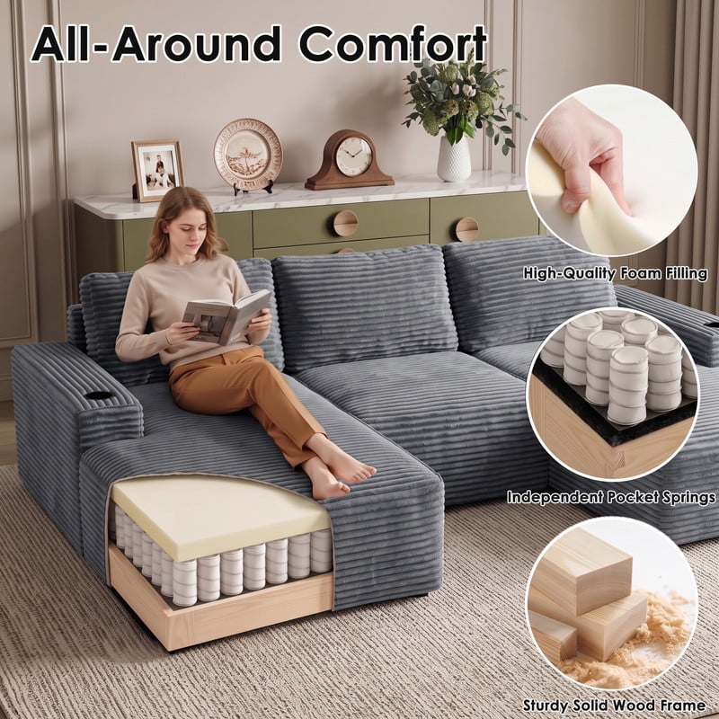 Anpport 133" Boneless Cloud Modular Sectional Couch, Corduroy Sofa with Cup Holders, Side Pockets, Deep Seat, No Assembly Required for Living Room, Gray (U‑Shaped)