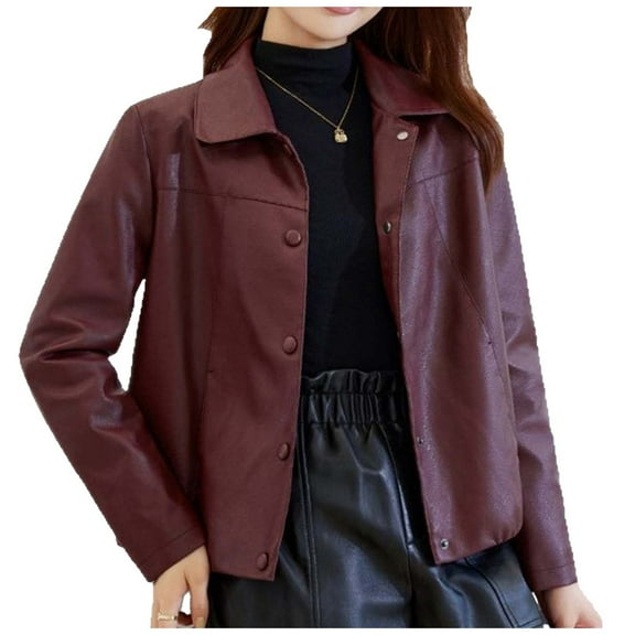 GigrtiJin Women Plus Size Leather Jacket Solid Color Cardigan Lapel Button Long Sleeve Trendy Outwear Vintage Casual Outcoat