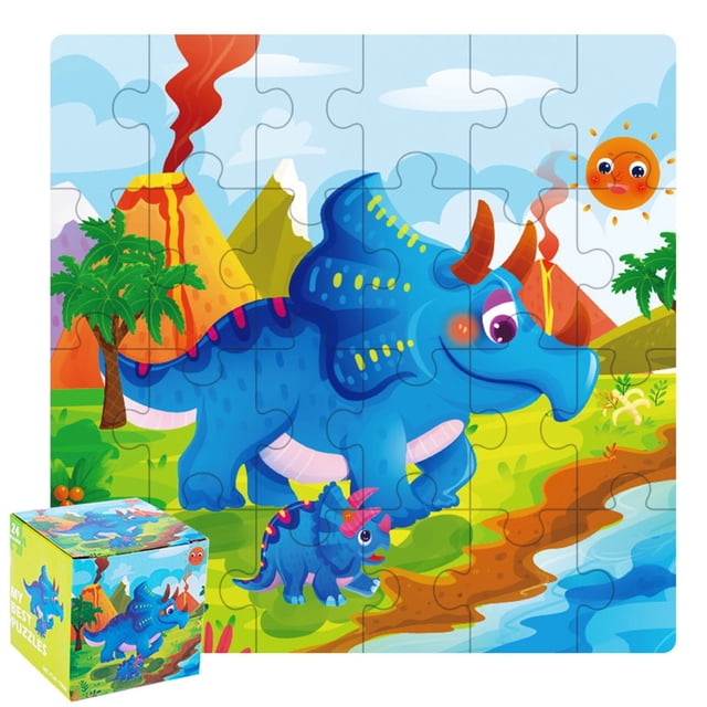 Wooden Paper Box With 24 Of Small Puzzle Transportation Dinosaur Children's Early Education Cognition Puzzle Portable Gift Box Toys