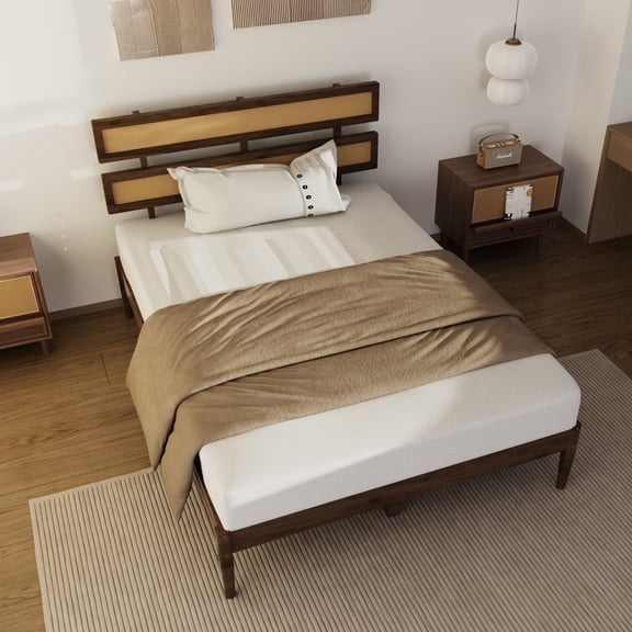 Ktaxon Full Bed Frame, Rattan Headboard & Solid Wood Platform with Slats, No Box Spring Needed, Easy Assembly, Brown