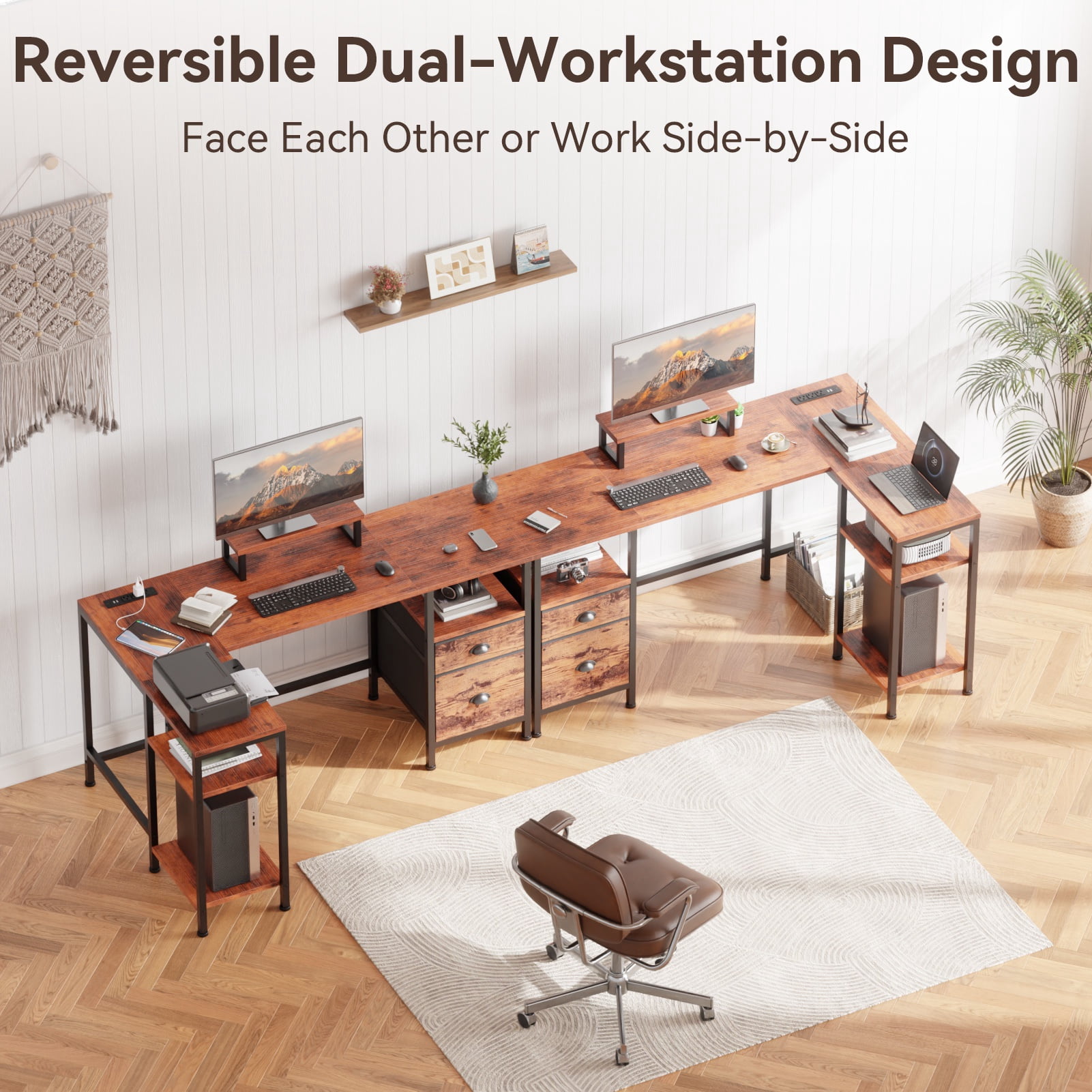 Satifur L Shaped Desk with Power Outlets, 50" Computer Desk with File Drawer, Home Office Desk with Printer Stand & Storage Shelves, Corner Desk, Rustic Brown