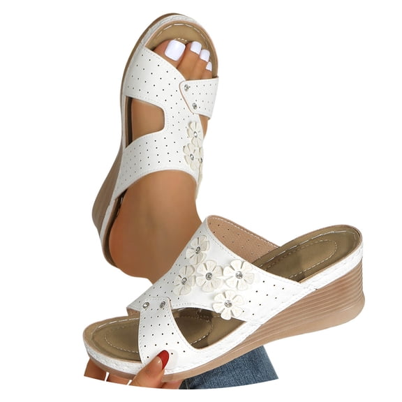 BRICH Women's Wedge Sandals Leather Dressy Sandal Rubber Sole Comfortable Walking Casual on Summer Shoes White 9.5