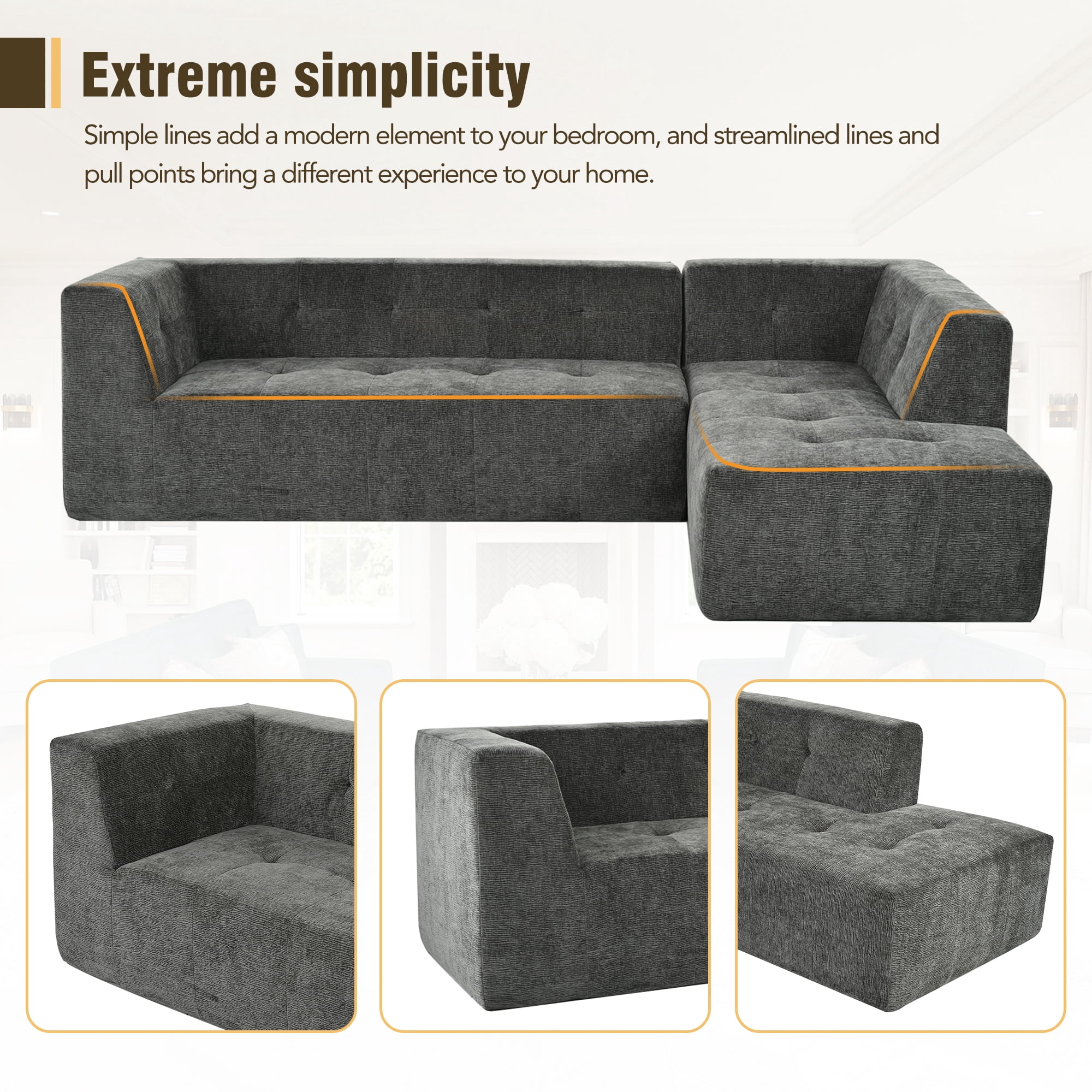 MOONMISS 112.2" Chenille L-Shaped Modern Minimalist Modular Free Combination Living Room Sofa-Gray