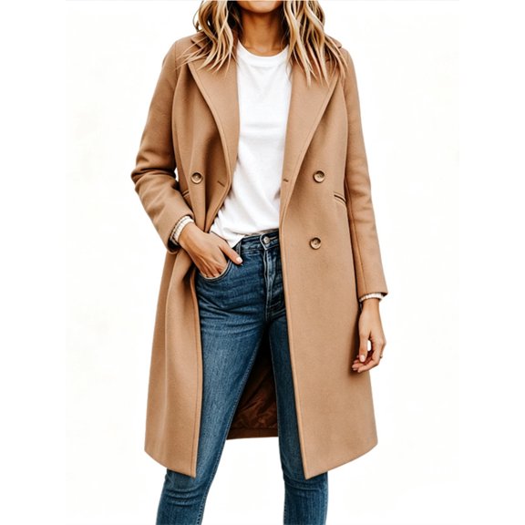Womens Fall WinterNotched Lapel Collar Double Breasted Pea Coat Wool Blend Over Coats Long Jackets