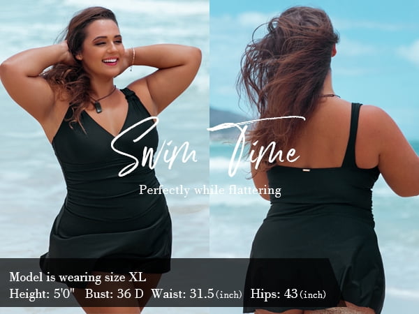 RELLECIGA Women's Front Ruched V Neck One Piece Skirt Vintage swim dress Retro One Piece Swimsuit Tummy Control One piece Swim Dresses Black Bathing Suit