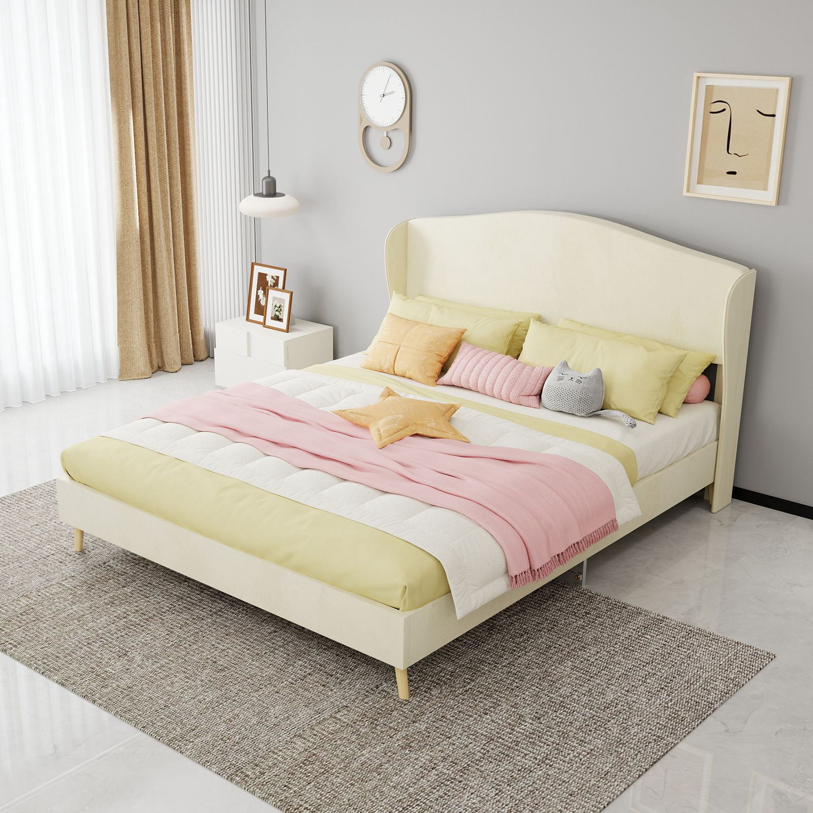 Alvantor Queen Size Upholstered Bed Frame with Padded Headboard, Holland Velvet Tufted Noise-Free & Durable Beige