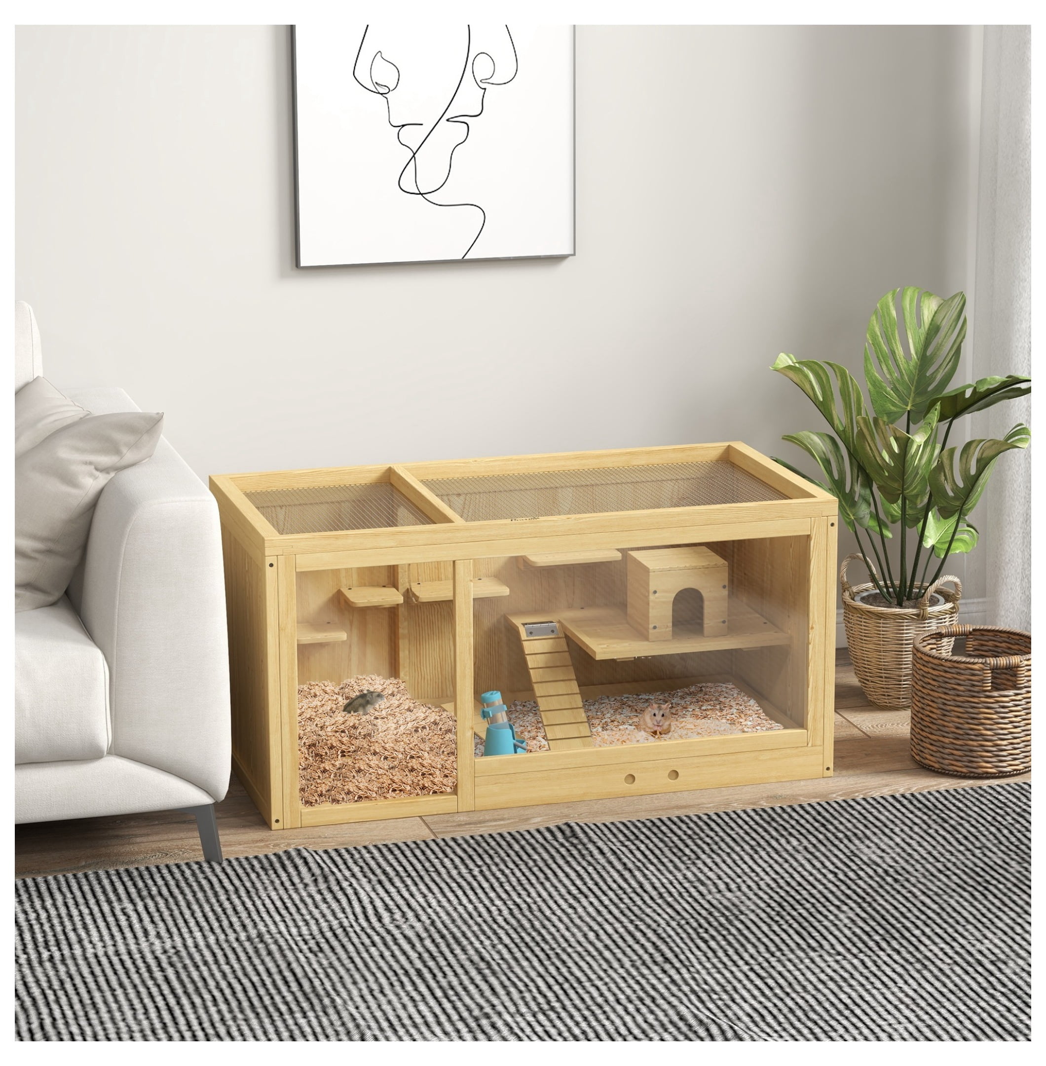 Wooden Hamster Cage, Large Gerbil Habitat, Multi-Level Small Animal Cage w/Tray