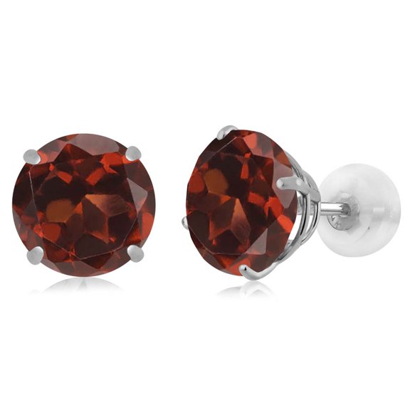 Gem Stone King 14K White Gold Round Red Garnet Earrings for Women Men (5.00 Cttw, Gemstone Birthstone, Round 8MM)