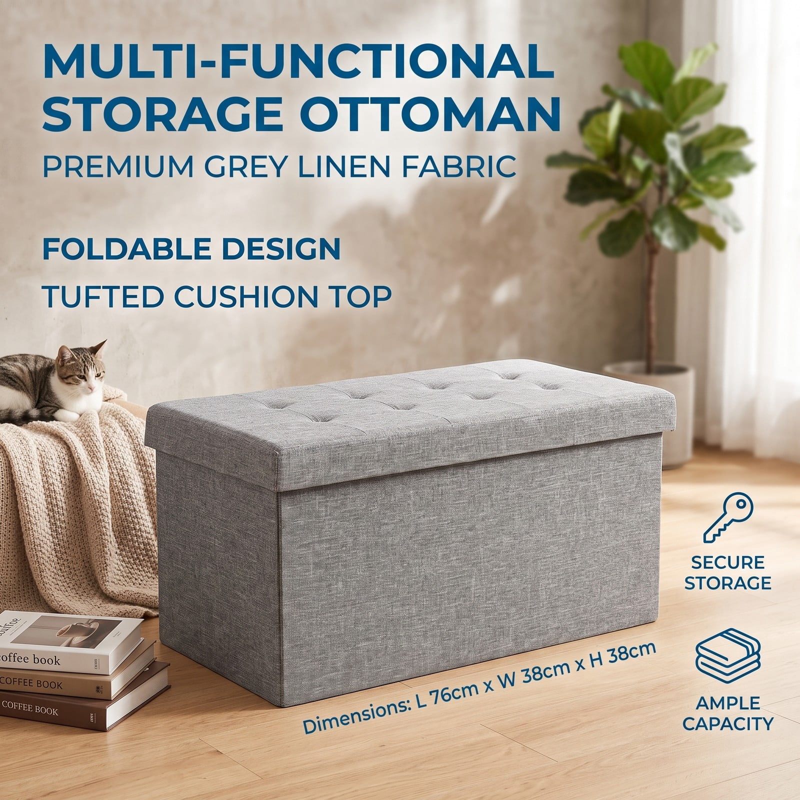 Furnibear 31.5 Inch Foldable Fabric Storage Bench Ottoman with Padded Seat and Removable Hanging Bin for Entryway, Light Gray