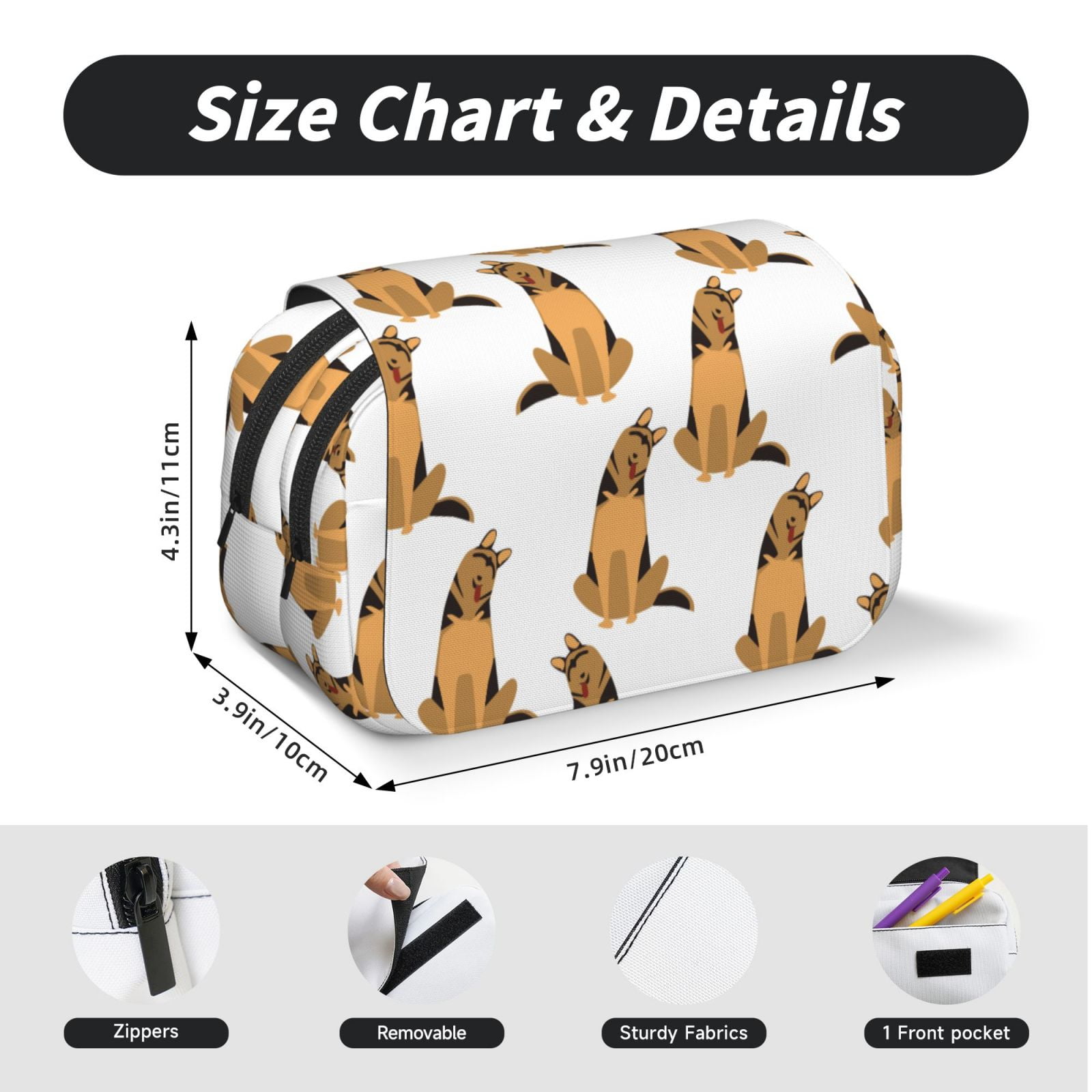 Rateoe German Shepherd Dog Pattern Double Clamshell Pen Case, Storage Organizer with Two Zipper Compartments– Holds Up to 50 Pencils & Pens