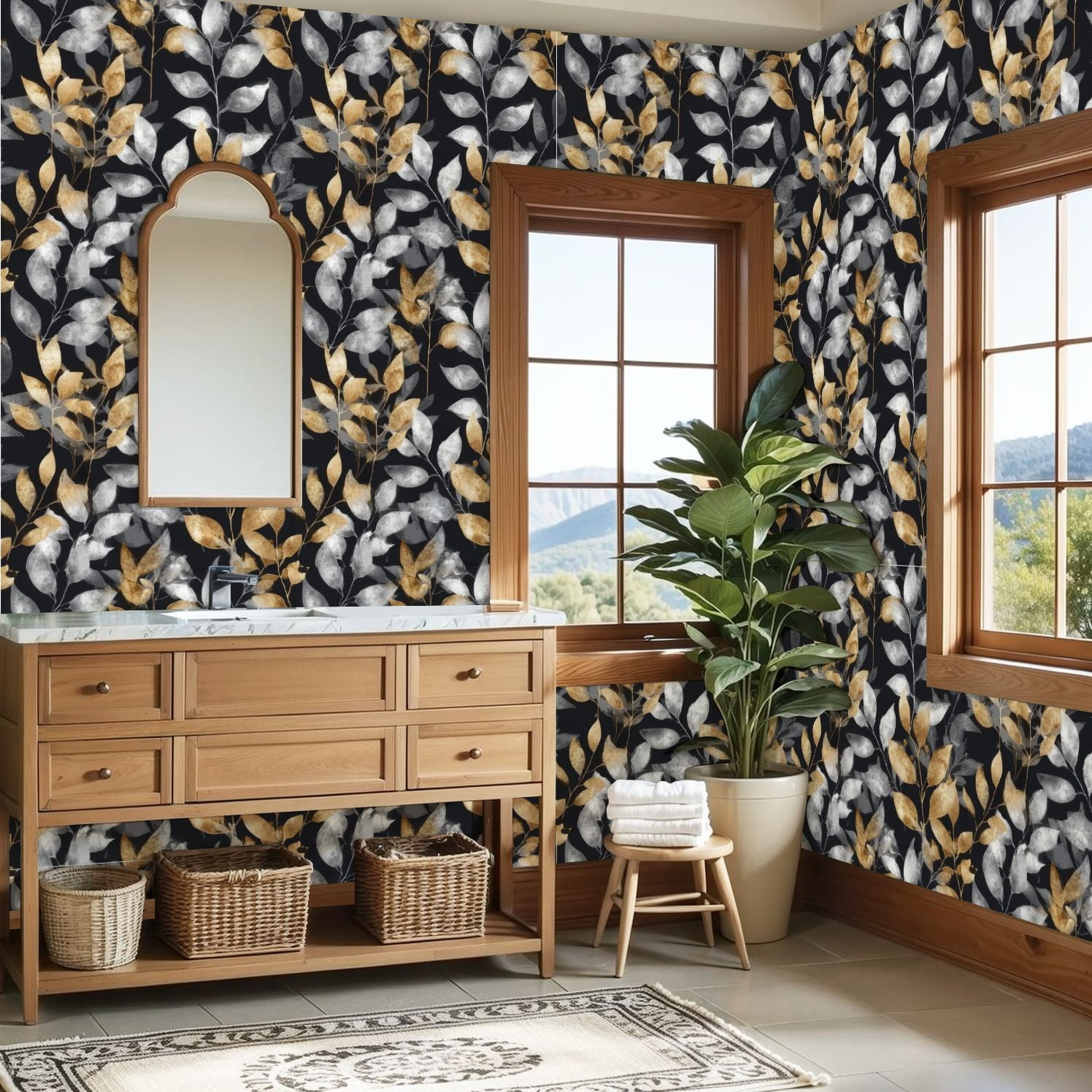 Modern Peel and Stick Wallpaper 23.6in x 9.8ft Elegant Gold Silver Leaf Dark Contact Paper Vinyl Waterproof Self Adhesive Wall Paper for Bedroom Shelf Cabinet Renter Friendly