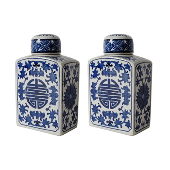 A&B Home 9'' Rectangular Blue White Ceramic Jar Set of 2 Home Decor Vase with Lid Centerpiece Decoration