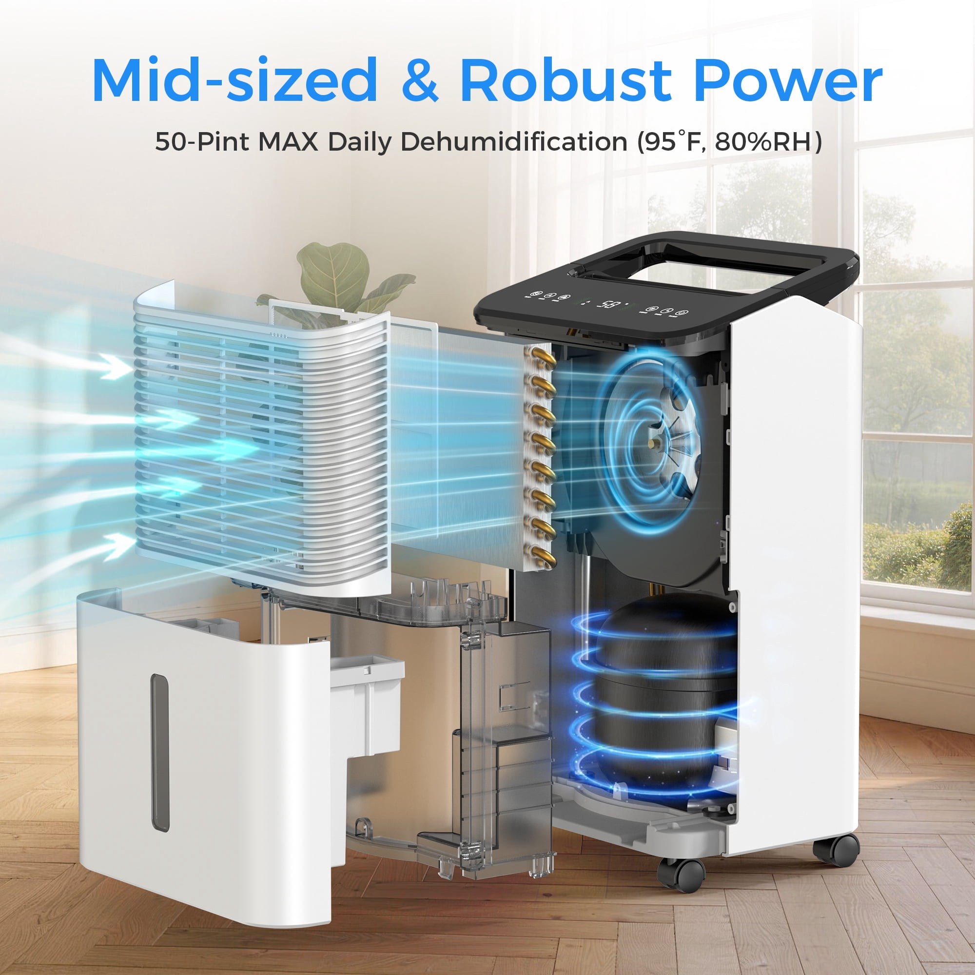 KLOUDIC 12 Pints (DOE) Dehumidifier for Basements, Home Large Rooms, Bathrooms,  MAX 50 Pints/Day, Auto Mode with Drain Hose, Smart Humidity Control, 2.5L Water Tank, Covers Up to 2000 Sq.ft