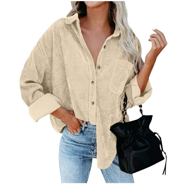 FAIWAD Womens Corduroy Shirts Long Sleeve Collared Button Down Blouses Oversized Casual Shackets