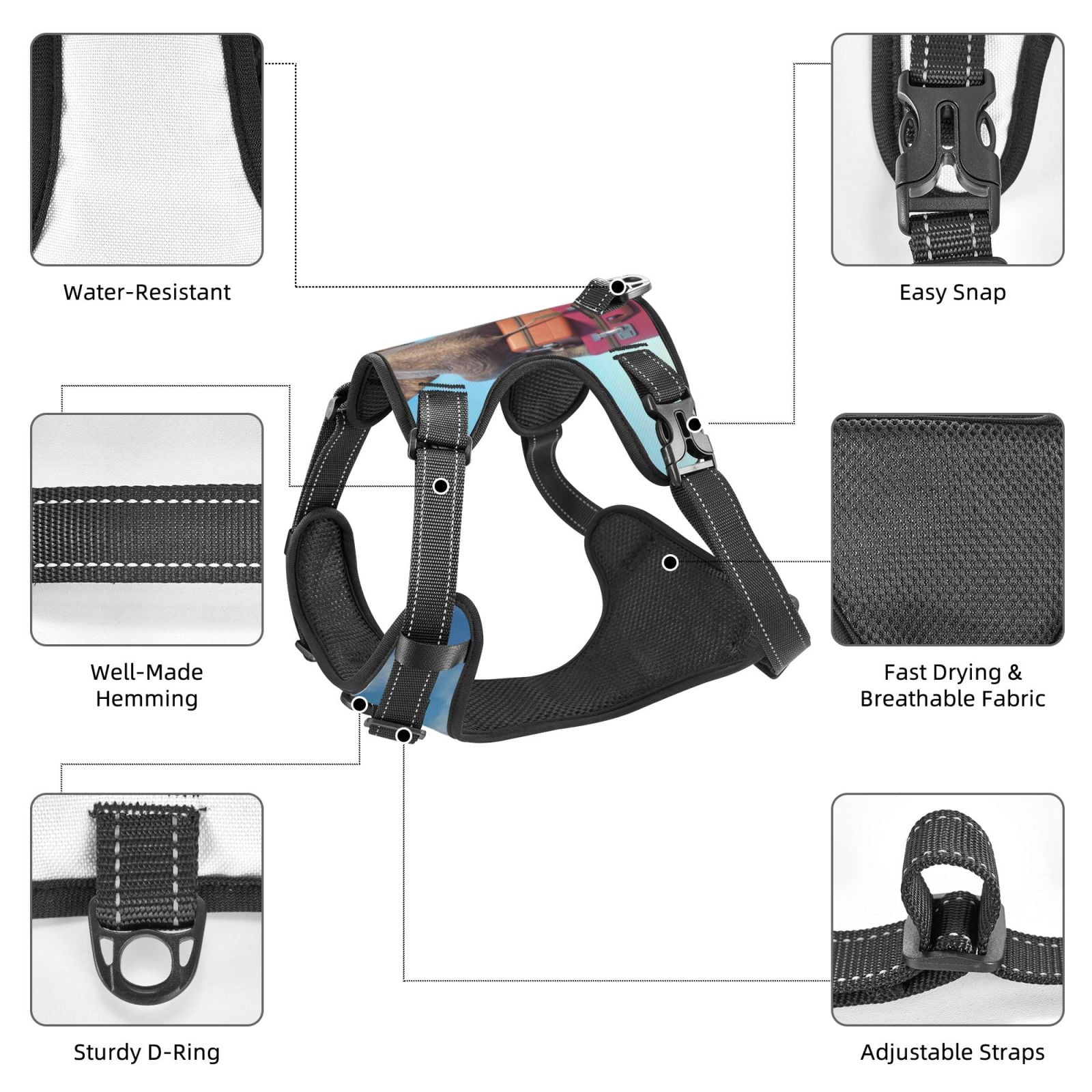 Fuzoiu Elephant Sits Print Reflective Dog Harness,Adjustable, Breathable Pet Vest,Dog Harness No Pull,No Choke Pet Vest for Small, Medium, and Large Dogs-Medium